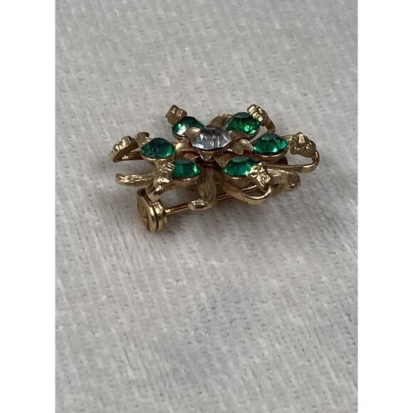 Vintage Emerald And Clear Rhinestone Gold Tone Brooch Pin Sunburst - Picture 5 of 8